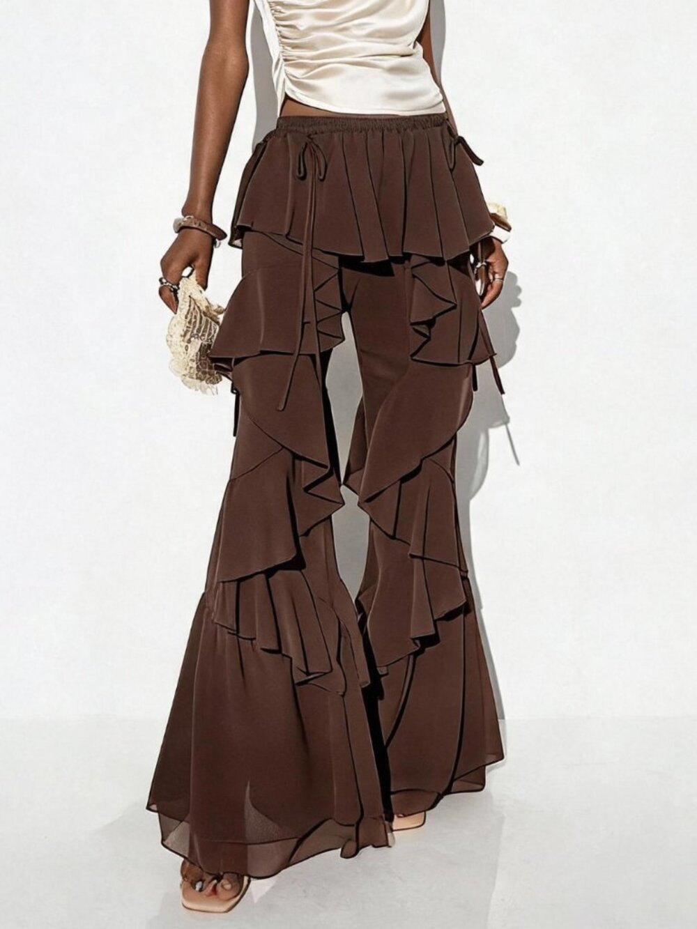 Coffee Brown Casual Women's Chiffon Low-Waisted Pants